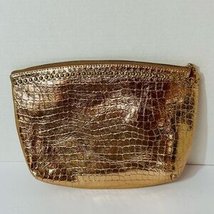 Vince Camuto Gold Metallic Croc-Embossed Cosmetic Pouch 13.5” x 10” lined